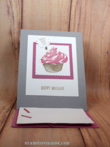 Stampin’ Up! Birthday card with Sweet Cupcake stamp set and designed by Demo Pamela Sadler. See more cards at stampinkrose.com #stampinkpinkrose