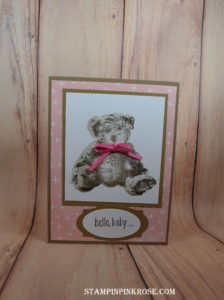 Stampin’ Up! CAS Baby card made with Baby Bear stamp set and designed by Demo Pamela Sadler. See more cards at stampinpinkrose.com #stampinpinkrose