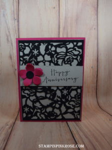 Stampin’ Up! CAS Anniversary made with Floral Phrases Thinlits and designed by Demo Pamela Sadler. See more cards at stampinpinkrose.com #stampinpinkrose