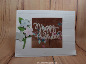 Stampin’ Up!  Shaker birthday card made with Happy Birthday stamp set and designed by Demo Pamela Sadler. See more cards at stampinpinkrose.com #stampinpinkrose