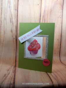 Stampin’ Up! Birthday card with Sweet Cupcake stamp set and designed by Demo Pamela Sadler. See more cards at stampinkrose.com #stampinkpinkrose