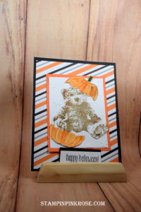 Stampin’ Up! CAS Halloween card made with Baby Bear stamp set and designed by Demo Pamela Sadler. See more cards at stampinkrose.com #stampinkpinkrose