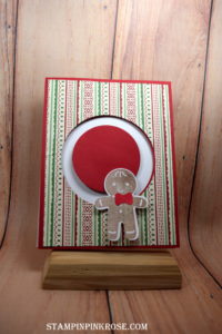 Stampin’ Up! CAS spinner card made with Cookie Cutter Christmas stamp set and designed by Demo Pamela Sadler. See more cards at stampinkrose.com #stampinkpinkrose