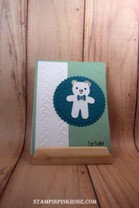Stampin’ Up! CAS Baby card made with Cookie Cutter Christmas stamp set and designed by Demo Pamela Sadler. See more cards at stampinkrose.com #stampinkpinkrose