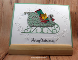 Stampin’ Up! CAS Christmas card made with Santa’s Sleigh stamp set and designed by Demo Pamela Sadler. See more cards at stampinkrose.com #stampinkpinkrose