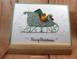 Stampin’ Up! CAS Christmas card made with Santa’s Sleigh stamp set and designed by Demo Pamela Sadler. See more cards at stampinkrose.com #stampinkpinkrose
