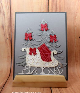 Stampin’ Up!  Christmas card with Santa’s Sleigh stamp set and designed by Demo Pamela Sadler. See more cards at stampinkrose.com #stampinkpinkrose #etsycardstrulyheart