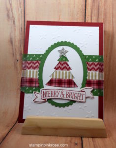 Stampin’ Up! CAS Christmas card with Stiched with Cheer stamp set and designed by Demo Pamela Sadler. See more cards at stampinkrose.com #stampinkpinkrose #etsycardstrulyheart