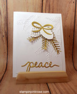Stampin’ Up! CAS Christmas card with Pretty Pines Framelit and designed by Demo Pamela Sadler. See more cards at stampinkrose.com #stampinkpinkrose #etsycardstrulyheart