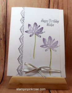 Stampin’ Up! Birthday card made with Avant Garden, Delicate Details stamp set and designed by Demo Pamela Sadler. See more cards at stampinkrose.com #stampinkpinkrose #etsycardstrulyheart