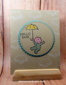 Stampin’ Up! Baby card made with Moon Baby stamp set and designed by Demo Pamela Sadler. See more cards at stampinkrose.com #stampinkpinkrose #etsycardstrulyheart