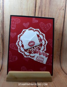 Stampin’ Up! CAS Valentine’s card made with Sealed with a Kiss stamp set and designed by Demo Pamela Sadler. See more cards at stampinkrose.com #stampinkpinkrose#etsycardstrulyheart