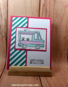 Stampin’ Up! CAS Birthday card made with Tasty Trucks stamp set and designed by Demo Pamela Sadler. See more cards at stampinkrose.com #stampinkpinkrose #etsycardstrulyheart