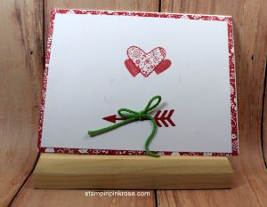 Stampin’ Up! Valentine card made with Sealed with Love stamp set and designed by Demo Pamela Sadler. See more cards at stampinkrose.com #stampinkpinkrose #etsycardstrulyheart