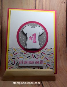 Stampin’ Up! Birthday card made with Custom Tee stamp set and designed by Demo Pamela Sadler. See more cards at stampinkrose.com #stampinkpinkrose #etsycardstrulyheart