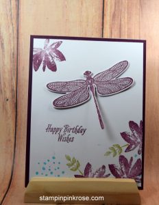 Stampin’ Up! CAS Birthday card made with Dragonfly Thinlits and designed by Demo Pamela Sadler. See more cards at stampinkrose.com #stampinkpinkrose #etsycardstrulyheart
