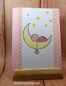 Stampin’ Up! Baby card made with Moon Baby stamp set and designed by Demo Pamela Sadler. See more cards at stampinkrose.com #stampinkpinkrose #etsycardstrulyheart