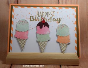 Stampin’ Up! Birthday card made with Cool Treats stamp set and designed by Demo Pamela Sadler. See more cards at stampinkrose.com #stampinkpinkrose #etsycardstrulyheart