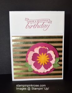 Stampin’ Up! Birthday card made with Birthday Blossoms stamp set and designed by Demo Pamela Sadler. See more cards at stampinkrose.com #stampinkpinkrose #etsycardstrulyheart
