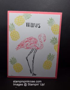 Stampin’ Up! Thank You card made with Pop of Paradise and Fabulous Flamingo stamp set and designed by Demo Pamela Sadler. See more cards at stampinkrose.com #stampinkpinkrose#etsycardstrulyheart