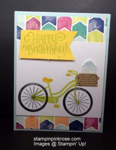 Stampin’ Up! Birthday card made with Bike Ride stamp set and designed by Demo Pamela Sadler. See more cards at stampinkrose.com #stampinkpinkrose #etsycardstrulyheart