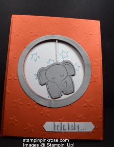 Stampin’ Up! Baby card made with A Little Wild stamp set and designed by Demo Pamela Sadler. Come swing among the stars with this elephant.  See more cards at stampinkrose.com #stampinkpinkrose etsycardstrulyheart