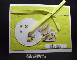 Stampin’ Up! Baby card made with A Little Wild stamp set and designed by Demo Pamela Sadler. Who wouldn’t love to curl up with this bear? See more cards at stampinkrose.com #stampinkpinkrose #etsycardstrulyheart