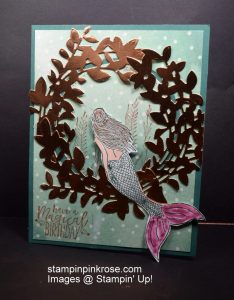 Stampin’ Up! Birthday card made with Magical Mermaid stamp set and designed by Demo Pamela Sadler. Make this mermaid card magical with the porthole. See more cards at stampinkrose.com  and etsycardstrulyheart