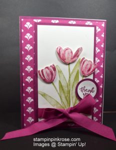Stampin’ Up! Thank You card made with Tranquil Tulips stamp set and designed by Demo Pamela Sadler. Brig some color into someone’s life with these colorful tulips. See more cards at stampinkrose.com and etsycardstrulyheart