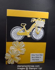 Stampin’ Up! Birthday card made with Bike Ride stamp set and designed by Demo Pamela Sadler. For the bike rider this is a perfect birthday card. See more cards at stampinkrose.com and etsycardstrulyheart