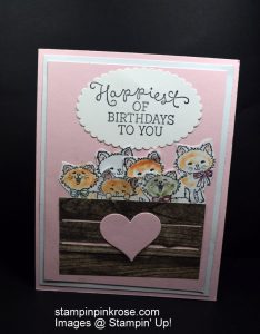 Stampin’ Up! s Birthday card made with Pretty Kitty stamp set and designed by Demo Pamela Sadler. This card used a retired stamp set.. See more cards at stampinkrose.com and etsycardstrulyheart