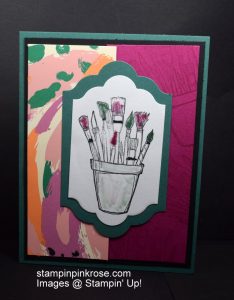 Stampin’ Up! Birthday card made with Crafting Forever stamp set and designed by Demo Pamela Sadler. Celebrate someones’s creative with this artist supplies. They will surely smile over the paint brushes. See more cards at stampinkrose.com #stampinkpinkrose #etsycardstrulyheart