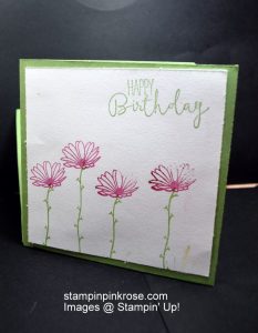 Stampin’ Up! Birthday card made with Daisy Delight stamp set and designed by Demo Pamela Sadler. Watch the video on my blog to make this 4” x 4” card. See more cards at stampinkrose.com and etsycardstrulyheart