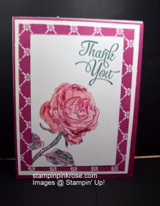Stampin’ Up! Thank You card made with Graceful Garden stamp set and designed by Demo Pamela Sadler. Nothing is more lovely than a rose. See more cards at stampinkrose.com and etsycardstrulyheart