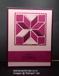 Stampin’ Up! Birthday card made with Christmas Quilt stamp set and designed by Demo Pamela Sadler. This card is perfect for the quilter or anyone that loves the patterns of a quilt. See more cards at stampinkrose.com and etsycardstrulyheart
