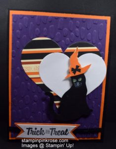 Stampin’ Up! Halloween card made with Spooky Cat punch and designed by Demo Pamela Sadler. This card used a retired stamp set. Come prowl with me . See more cards at stampinkrose.com and etsycardstrulyheart