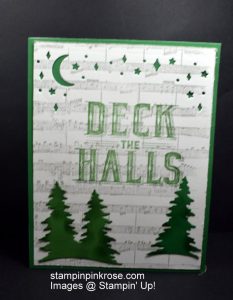 Stampin’ Up! CAS Christmas card with Carols of Christmas stamp set and designed by Demo Pamela Sadler. It is time to think Christmas and Deck the Halls. See more cards at stampinkrose.com #stampinkpinkrose #etsycardstrulyheart