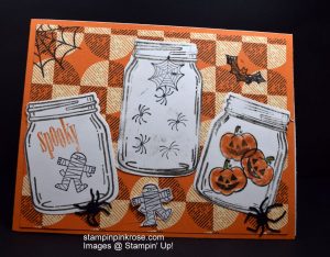Stampin’ Up! Halloween card with Jar of Love stamp set and designed by Demo Pamela Sadler. I challenge to fill your jar with Halloween images. See more cards at stampinkrose.com #stampinkpinkrose #etsycardstrulyheart