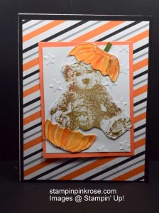 Stampin’ Up! Halloween card with Bear Baby stamp set and designed by Demo Pamela Sadler. Have some fun with the pumpkins. See more cards at stampinkrose.com #stampinkpinkrose #etsycardstrulyheart