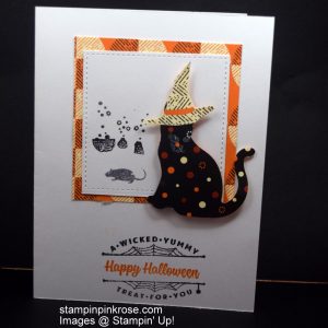 Stampin’ Up! Halloween card with Spooky Cat stamp set and designed by Demo Pamela Sadler. Come see what the cat is up to. You can see more cards at stampinkrose.com #stampinkpinkrose #etsycardstrulyheart