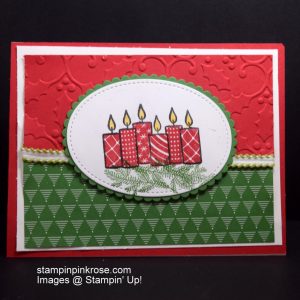Stampin’ Up! Christmas card with Merry Patterns stamp set and designed by Demo Pamela Sadler. Light the way for the start of the Holidays. See more cards at stampinkrose.com #stampinkpinkrose #etsycardstrulyheart