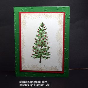 Stampin’ Up! Christmas card with Season LikeChristmas stamp set and designed by Demo Pamela Sadler. .This stamp set makes me think of the song Oh Christmas Tree. See more cards at stampinkrose.com #stampinkpinkrose #etsycardstrulyheart