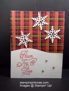 Stampin’ Up! CAS Christmas card with Peace This Christmas stamp set and designed by Demo Pamela Sadler. Gently falling snowflakes bring wishes your way. See more cards at stampinkrose.com #stampinkpinkrose #etsycardstrulyheart