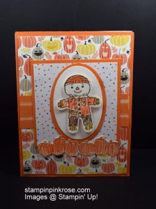 Stampin’ Up! Halloween card withPick a Pumpkin stamp set and designed by Demo Pamela Sadler. Have some fun with the pumpkins. See more cards at stampinkrose.com #stampinkpinkrose #etsycardstrulyheart