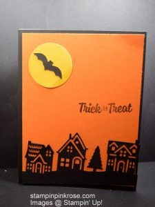 Stampin’ Up! CAS Halloween card with Hometown Greeting Edgelits designed by Demo Pamela Sadler. Come Trick or Treat. See more cards at stampinkrose.com #stampinkpinkrose #etsycardstrulyheart