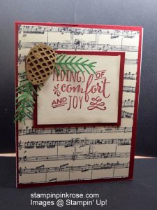 Stampin’ Up! Christmas card with Christmas Pines stamp set and designed by Demo Pamela Sadler. The holidays are coming and so is the Christmas music. See more cards at stampinkrose.com #stampinkpinkrose #etsycardstrulyheart