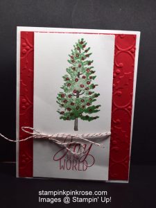 Stampin’ Up! CAS Christmas card with Season Like Christmas stamp set and designed by Demo Pamela Sadler. It will be soon time pick a tree. See more cards at stampinkrose.com #stampinkpinkrose #etsycardstrulyheart