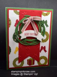 Stampin’ Up! CAS Christmas card with Swirly Thinlits Dies and designed by Demo Pamela Sadler. Make a wresth quick and easy. See more cards at stampinkrose.com #stampinkpinkrose #etsycardstrulyheart