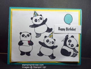 Stampin’ Up! Birthday card made with Party Pandas stamp set and designed by Demo Pamela Sadler. This create little critter with his balloon will delight the receiver. You can make so many critters with this stamp set. See more cards at stampinkrose.com and etsycardstrulyheart