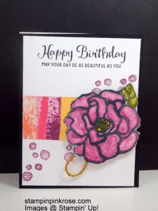 Stampin’ Up! Birthday card made with Beautiful Day stamp set and designed by Demo Pamela Sadler. Use your Blends to make the card stand out with gorgeous colors. See more cards at stampinkrose.com and etsycardstrulyheart